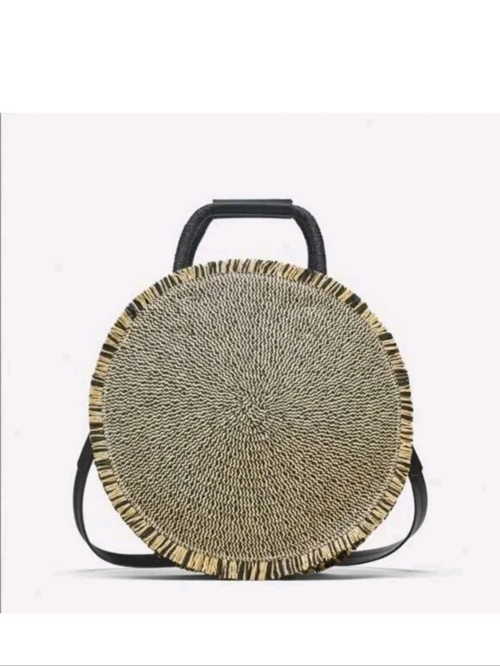 Zara Woven Paper Straw Round Fringe Black Tan Crossbody Double Handle Bag
